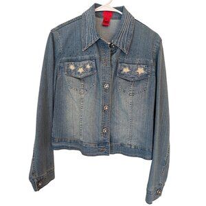 V Cristina Star Embellished Denim Jacket Medium Rhinestone Buttons Comfort